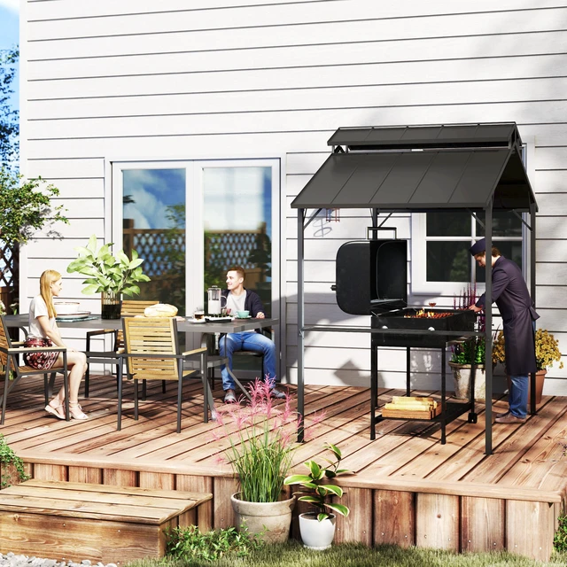Alt view image 3 of 7 - 8 Hardtop Grill Gazebo, Outdoor Bbq Gazebo with Double Metal Roof Side Shelves and 10 Hooks Grill Canopy for Patio