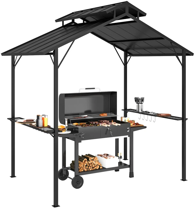 Main image of 8 Hardtop Grill Gazebo, Outdoor Bbq Gazebo with Double Metal Roof Side Shelves and 10 Hooks Grill Canopy for Patio