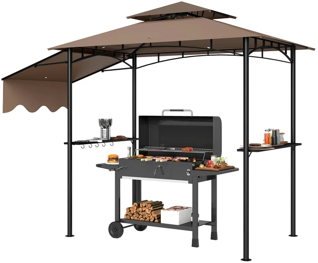Main image of 8 Grill Gazebo, Double Tiered Outdoor Bbq Gazebo with Side Awning Side Shelves and 6 Hooks for Patio Deck Yard