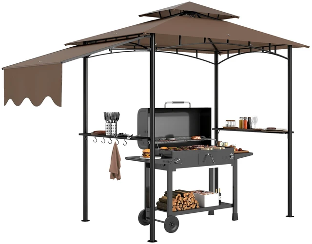 Alt view image 3 of 7 - 8 Grill Gazebo, Double Tiered Outdoor Bbq Gazebo with Side Awning Side Shelves and 6 Hooks for Patio Deck Yard