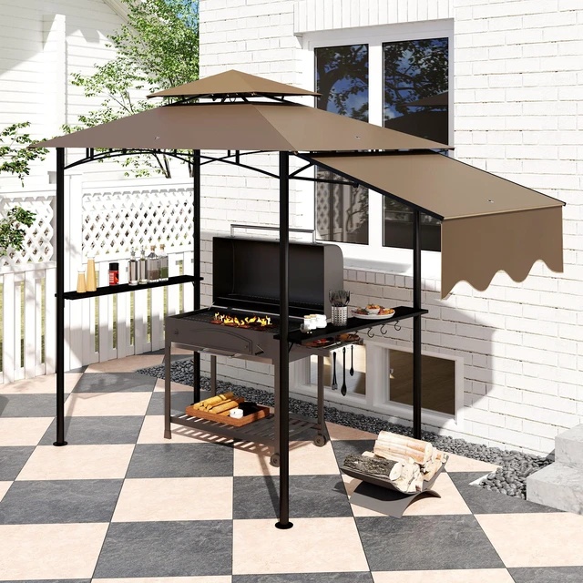 Alt view image 4 of 7 - 8 Grill Gazebo, Double Tiered Outdoor Bbq Gazebo with Side Awning Side Shelves and 6 Hooks for Patio Deck Yard
