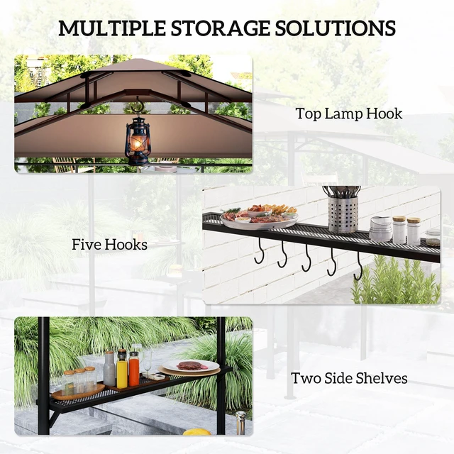 Alt view image 6 of 7 - 8 Grill Gazebo, Double Tiered Outdoor Bbq Gazebo with Side Awning Side Shelves and 6 Hooks for Patio Deck Yard
