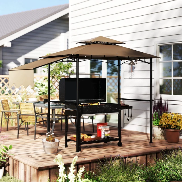 Alt view image 5 of 7 - 8 Grill Gazebo, Double Tiered Outdoor Bbq Gazebo with Side Awning Side Shelves and 6 Hooks for Patio Deck Yard