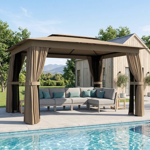 Main image of 10 Outdoor Patio Gazebo, Heavy Duty Gazebo Canopy Shelter with Double Roof Curtains Netting Steel Frame Protection