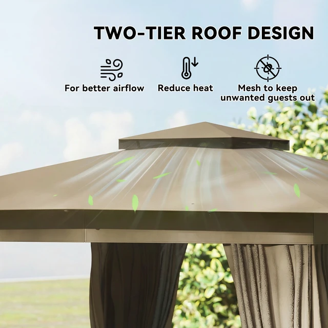 Alt view image 6 of 7 - 10 Outdoor Patio Gazebo, Heavy Duty Gazebo Canopy Shelter with Double Roof Curtains Netting Steel Frame Protection