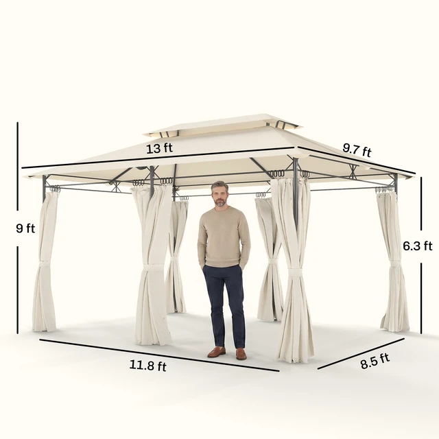 Alt view image 3 of 7 - 10 Patio Gazebo, Double Roof Outdoor Gazebo Canopy Shelter with Curtains Solid Metal Frame for Garden Lawn and Deck