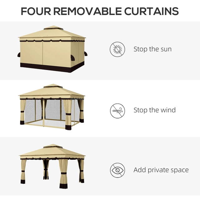 Alt view image 4 of 7 - 10 Patio Gazebo, Double Roof Outdoor Gazebo Canopy Shelter with Netting and Curtains Solid Metal Frame for Garden