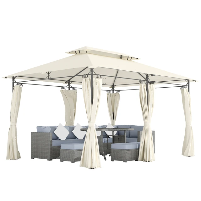Alt view image 4 of 7 - 10 Patio Gazebo, Double Roof Outdoor Gazebo Canopy Shelter with Curtains Solid Metal Frame for Garden Lawn and Deck