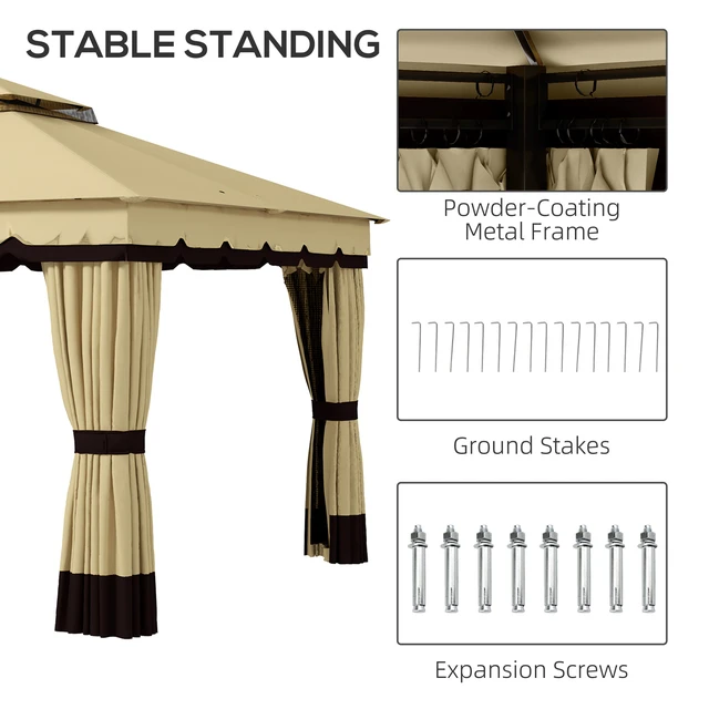 Alt view image 3 of 7 - 10 Patio Gazebo, Double Roof Outdoor Gazebo Canopy Shelter with Netting and Curtains Solid Metal Frame for Garden