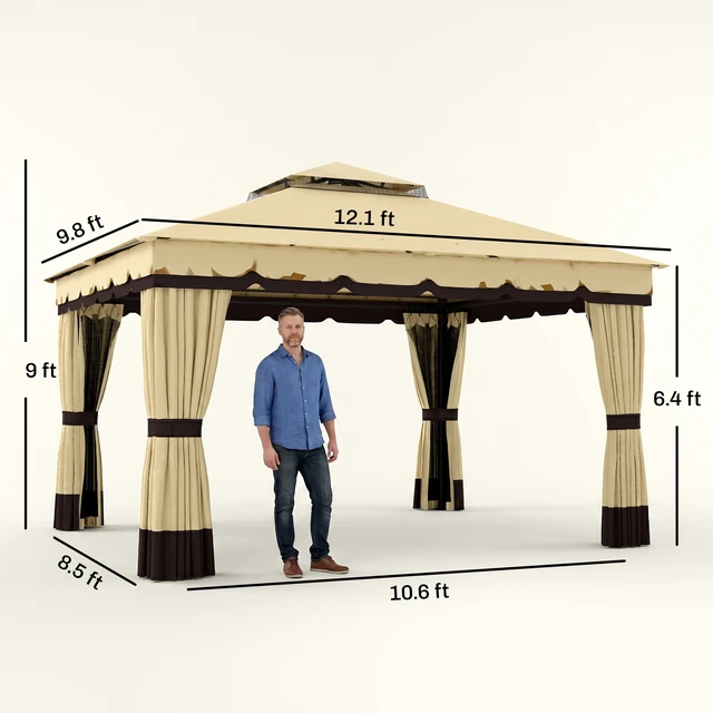 Alt view image 7 of 7 - 10 Patio Gazebo, Double Roof Outdoor Gazebo Canopy Shelter with Netting and Curtains Solid Metal Frame for Garden