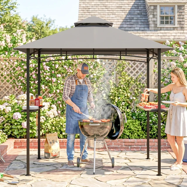 Alt view image 2 of 7 - 8 Grill Gazebo with Double Roof, Outdoor Bbq Gazebo with Side Shelves Steel Grill Tent Canopy for Patio Yard Garden