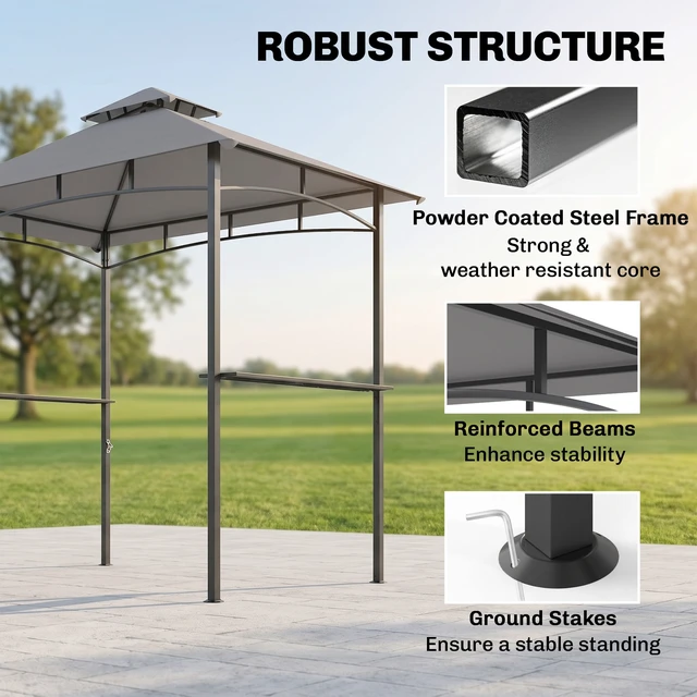 Alt view image 3 of 7 - 8 Grill Gazebo with Double Roof, Outdoor Bbq Gazebo with Side Shelves Steel Grill Tent Canopy for Patio Yard Garden