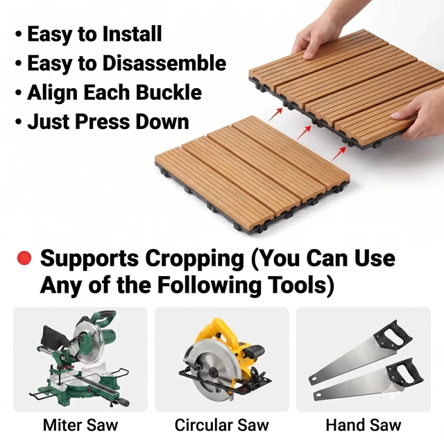 Alt view image 4 of 7 - Interlocking WPC Deck Tiles Inchx11.8, Plastic Composite Patio Floor Tiles Waterproof Drainage Outdoor Flooring