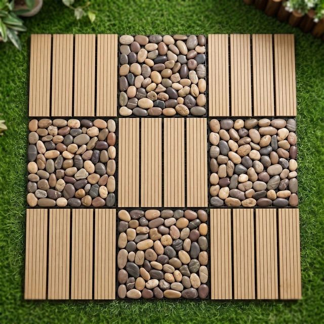 Alt view image 3 of 7 - Interlocking WPC Deck Tiles Inchx11.8, Plastic Composite Patio Floor Tiles Waterproof Drainage Outdoor Flooring
