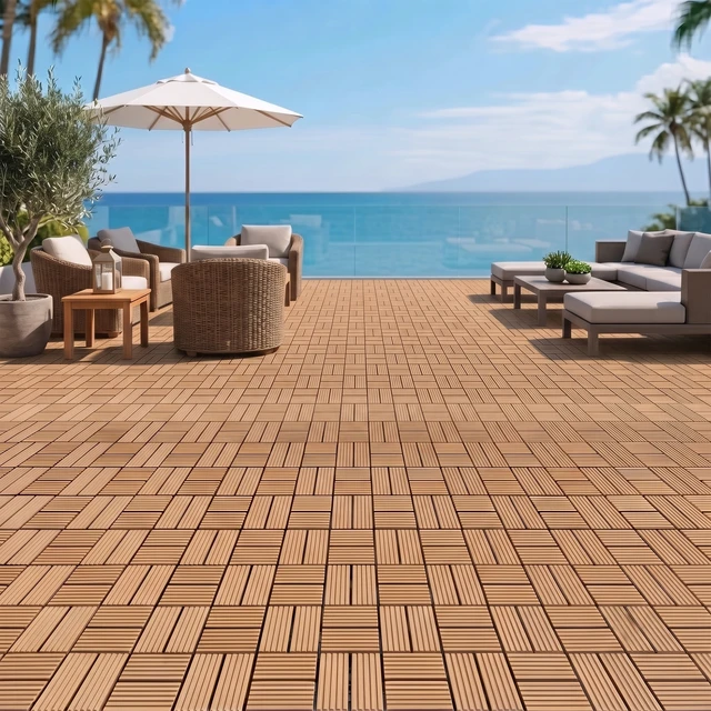 Alt view image 2 of 7 - Interlocking WPC Deck Tiles Inchx11.8, Plastic Composite Patio Floor Tiles Waterproof Drainage Outdoor Flooring