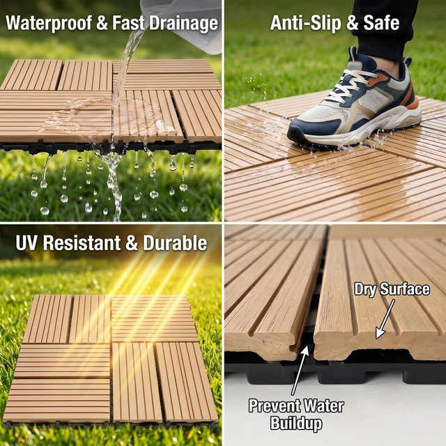 Alt view image 4 of 7 - Interlocking WPC Deck Tiles Inchx11.8, Plastic Composite Patio Floor Tiles Waterproof Drainage Outdoor Flooring