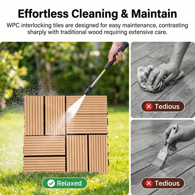 Alt view image 5 of 7 - Interlocking WPC Deck Tiles Inchx11.8, Plastic Composite Patio Floor Tiles Waterproof Drainage Outdoor Flooring