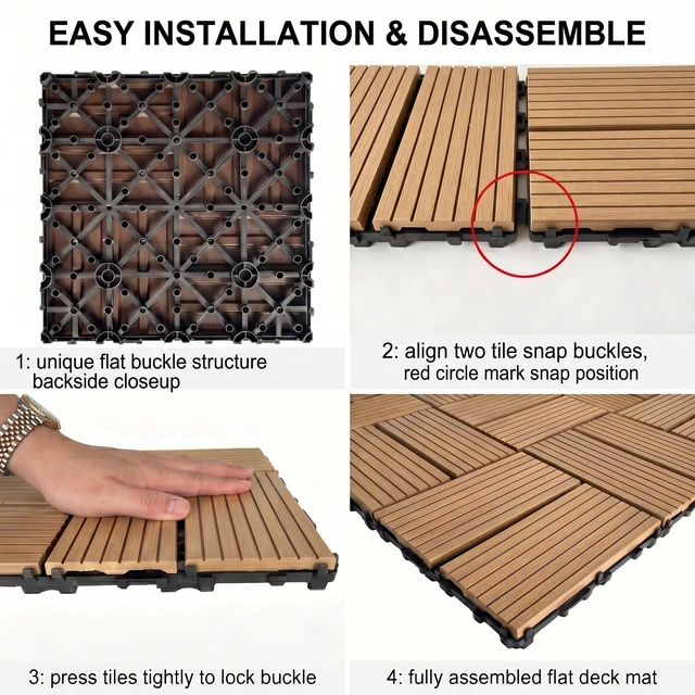 Alt view image 6 of 7 - Interlocking WPC Deck Tiles Inchx11.8, Plastic Composite Patio Floor Tiles Waterproof Drainage Outdoor Flooring