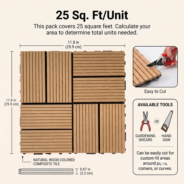 Alt view image 7 of 7 - Interlocking WPC Deck Tiles Inchx11.8, Plastic Composite Patio Floor Tiles Waterproof Drainage Outdoor Flooring