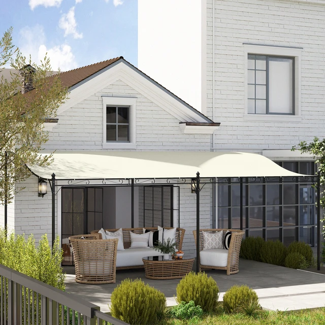 Alt view image 2 of 7 - 10 Outdoor Pergola Canopy, Wall-Mounted Metal Patio Canopy with Weather Resistant Fabric and Drainage Holes