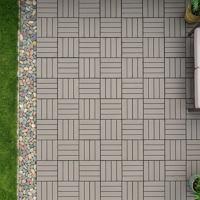Alt view image 2 of 7 - Interlocking WPC Deck Tiles Inchx11.8, Plastic Composite Patio Floor Tiles Waterproof Drainage Outdoor Flooring