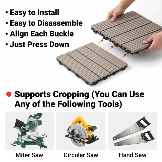 Alt view image 6 of 7 - Interlocking WPC Deck Tiles Inchx11.8, Plastic Composite Patio Floor Tiles Waterproof Drainage Outdoor Flooring