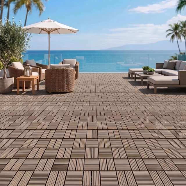 Alt view image 2 of 7 - Interlocking WPC Deck Tiles Inchx11.8, Plastic Composite Patio Floor Tiles Waterproof Drainage Outdoor Flooring