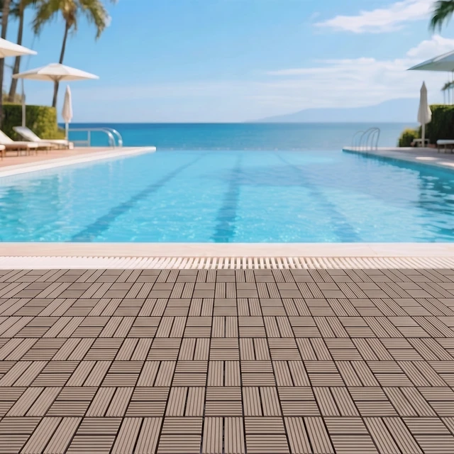 Alt view image 3 of 7 - Interlocking WPC Deck Tiles Inchx11.8, Plastic Composite Patio Floor Tiles Waterproof Drainage Outdoor Flooring