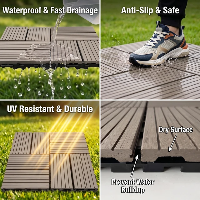 Alt view image 4 of 7 - Interlocking WPC Deck Tiles Inchx11.8, Plastic Composite Patio Floor Tiles Waterproof Drainage Outdoor Flooring