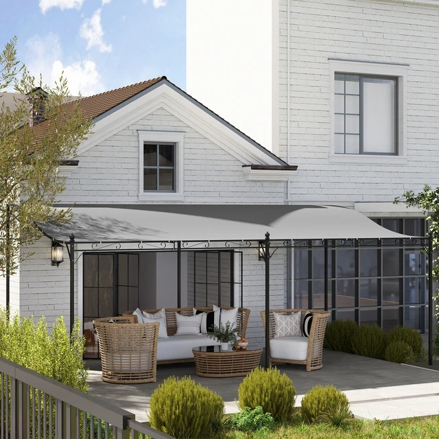 Alt view image 2 of 7 - 10 Outdoor Pergola Canopy, Wall-Mounted Metal Patio Canopy with Weather Resistant Fabric and Drainage Holes