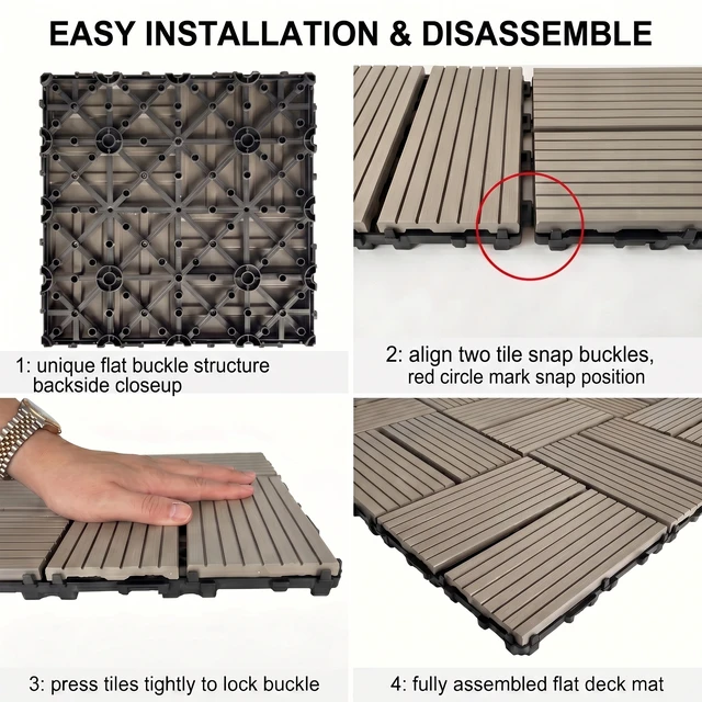 Alt view image 6 of 7 - Interlocking WPC Deck Tiles Inchx11.8, Plastic Composite Patio Floor Tiles Waterproof Drainage Outdoor Flooring