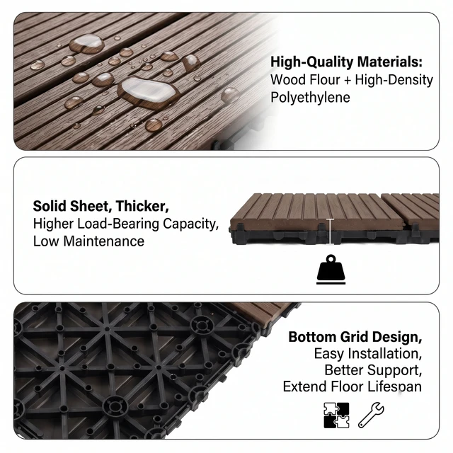 Alt view image 5 of 7 - Interlocking WPC Deck Tiles Inchx11.8, Plastic Composite Patio Floor Tiles Waterproof Drainage Outdoor Flooring