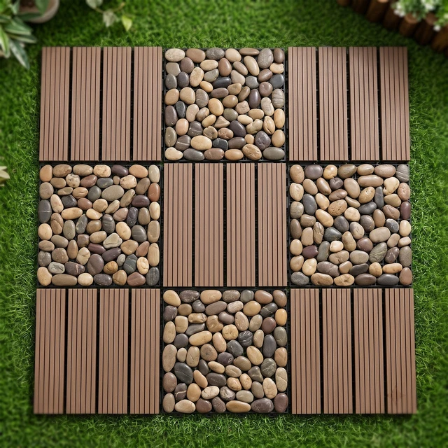 Alt view image 3 of 7 - Interlocking WPC Deck Tiles Inchx11.8, Plastic Composite Patio Floor Tiles Waterproof Drainage Outdoor Flooring