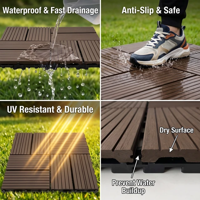 Alt view image 4 of 7 - Interlocking WPC Deck Tiles Inchx11.8, Plastic Composite Patio Floor Tiles Waterproof Drainage Outdoor Flooring