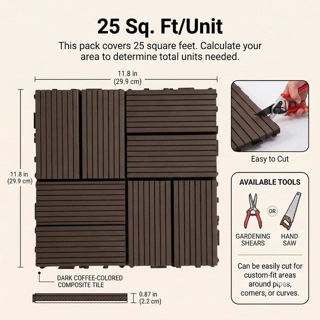 Alt view image 6 of 7 - Interlocking WPC Deck Tiles Inchx11.8, Plastic Composite Patio Floor Tiles Waterproof Drainage Outdoor Flooring