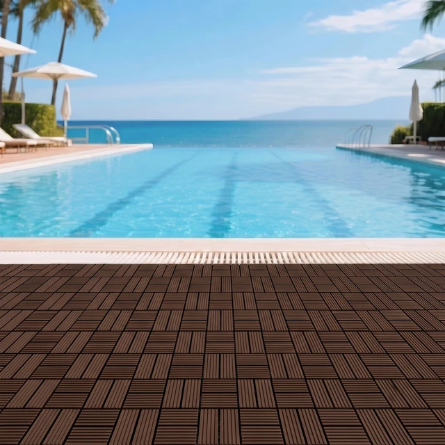 Alt view image 2 of 7 - Interlocking WPC Deck Tiles Inchx11.8, Plastic Composite Patio Floor Tiles Waterproof Drainage Outdoor Flooring