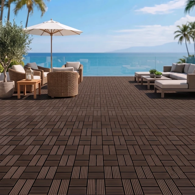 Alt view image 3 of 7 - Interlocking WPC Deck Tiles Inchx11.8, Plastic Composite Patio Floor Tiles Waterproof Drainage Outdoor Flooring