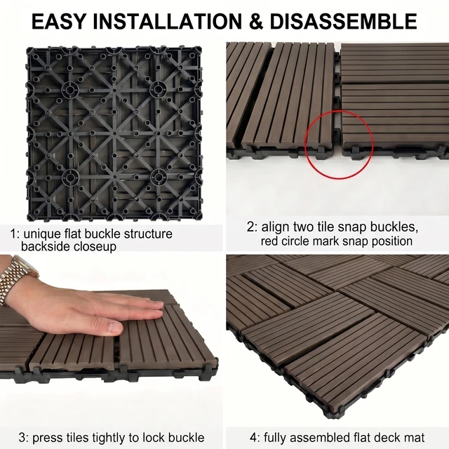 Alt view image 7 of 7 - Interlocking WPC Deck Tiles Inchx11.8, Plastic Composite Patio Floor Tiles Waterproof Drainage Outdoor Flooring