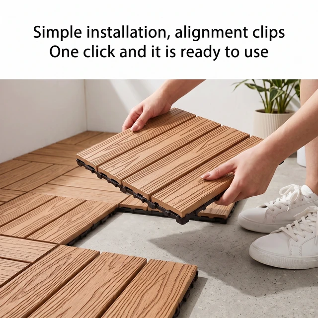 Alt view image 5 of 7 - WPC Interlocking Deck Tiles 25 Pieces Embossing 4 Panel Colors, Natural Wood, Wood and Plastic