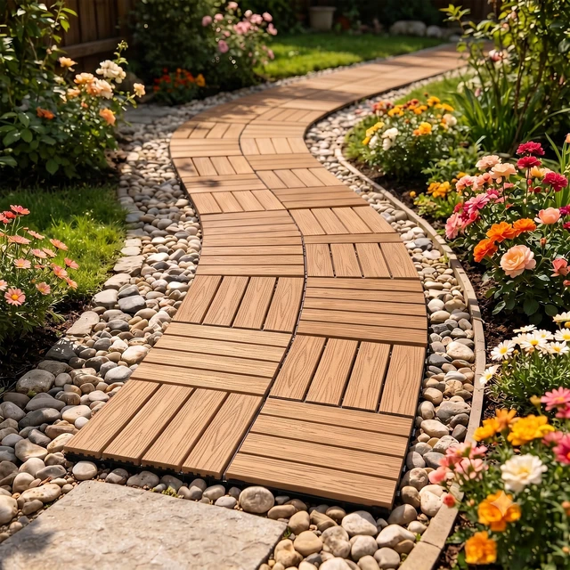 Alt view image 2 of 7 - WPC Interlocking Deck Tiles 25 Pieces Embossing 4 Panel Colors, Natural Wood, Wood and Plastic