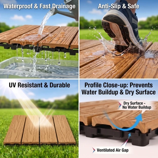 Alt view image 6 of 7 - WPC Interlocking Deck Tiles 25 Pieces Embossing 4 Panel Colors, Natural Wood, Wood and Plastic