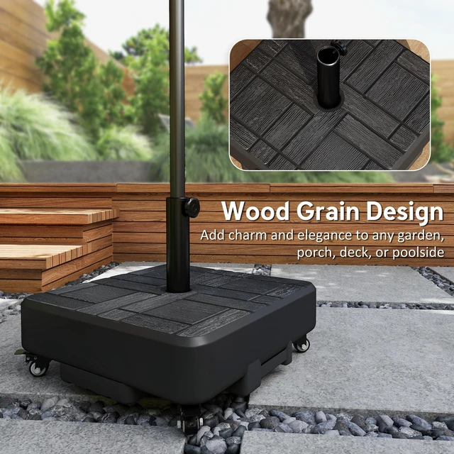 Alt view image 4 of 7 - Refined Wood Grain Patio Umbrella Base with Wheels, Heavy Duty Outdoor Umbrella Stand for 6 to 13 ft Fillable 62 LBS