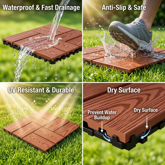 Alt view image 6 of 7 - WPC Interlocking Deck Tiles Pack, Inchx 11.8 Inch Waterproof Patio Flooring All Weather Composite Decking Tiles