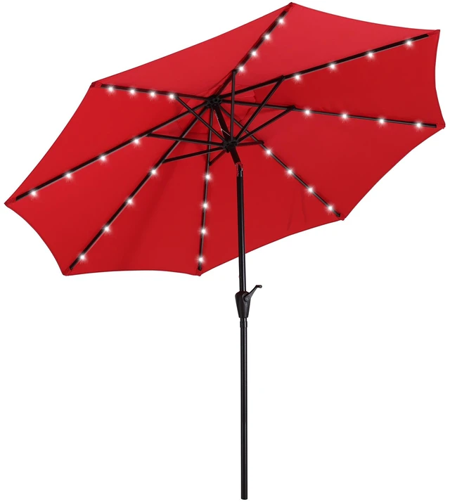Main image of 9 ft Patio Umbrella with LED Solar Lights, Red, Fabric and Metal, Umbrellas Shades