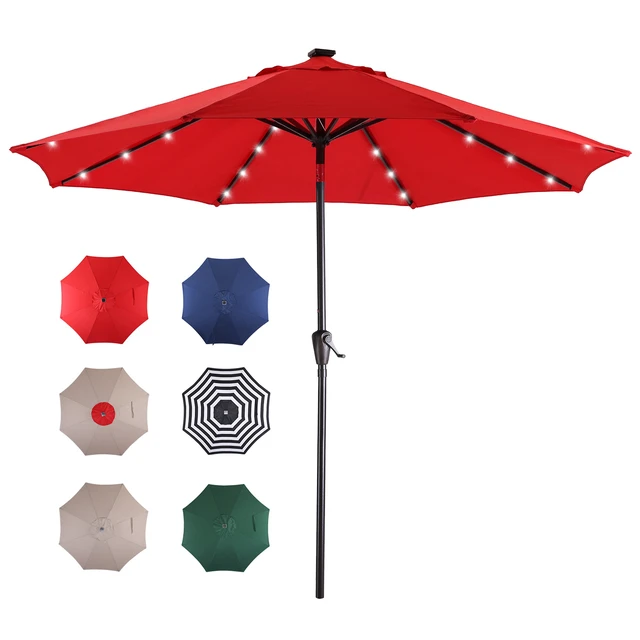 Alt view image 5 of 7 - 9 ft Patio Umbrella with LED Solar Lights, Red, Fabric and Metal, Umbrellas Shades