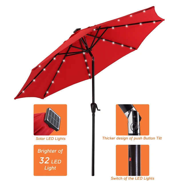 Alt view image 6 of 7 - 9 ft Patio Umbrella with LED Solar Lights, Red, Fabric and Metal, Umbrellas Shades