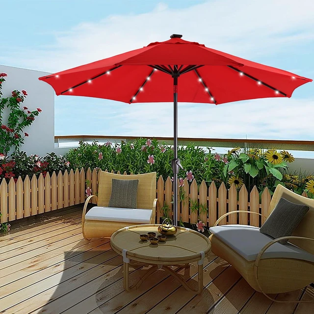Alt view image 7 of 7 - 9 ft Patio Umbrella with LED Solar Lights, Red, Fabric and Metal, Umbrellas Shades