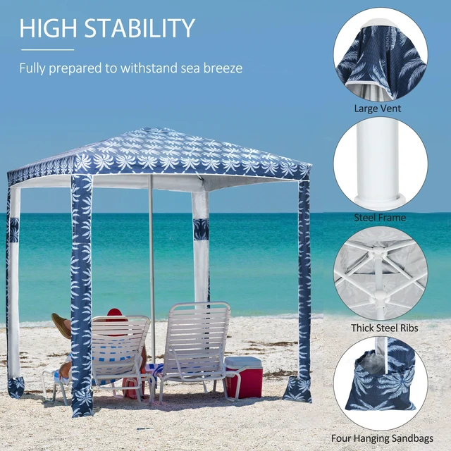 Alt view image 4 of 7 - Quick Beach Cabana Canopy Umbrella, Easy Assembly Sun Shade Shelter with Sandbags and Carry Bag Fits Kids and Family