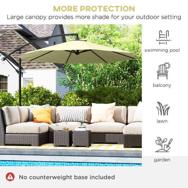 Alt view image 3 of 7 - Cantilever Hanging Tilt Offset Patio Umbrella with and Water Fighting Material and Cross Base Weight Not Included