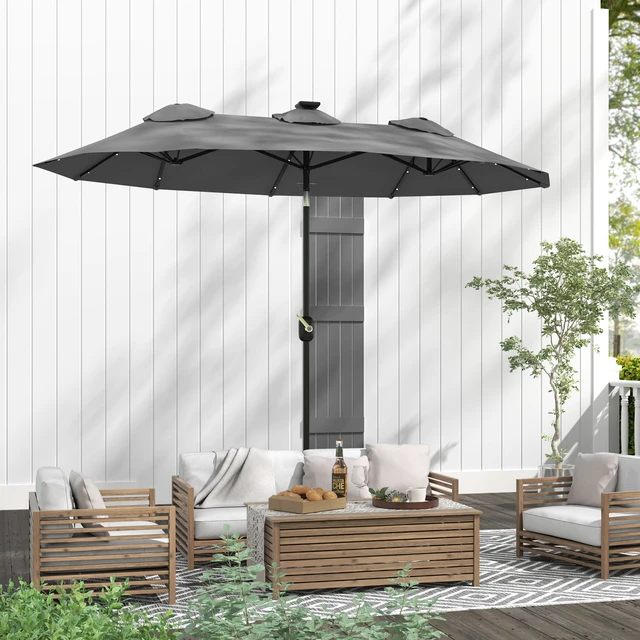 Alt view image 2 of 7 - Double Sided Patio Umbrella, Large Outdoor Market Umbrella with LED Solar Tilt and Crank Air Vents and Ribs for Garden